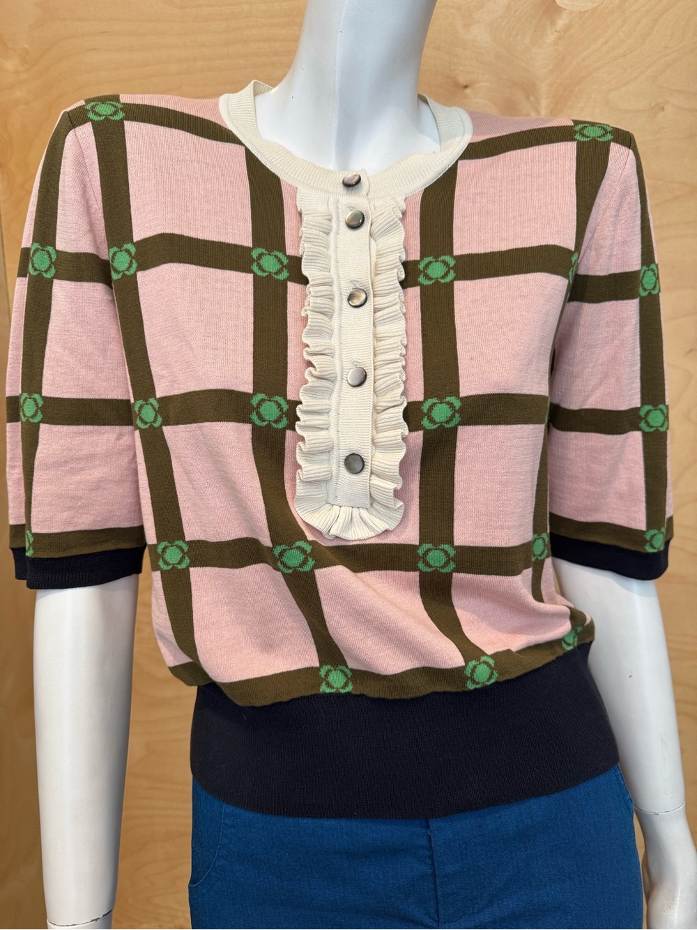 Pink Plaid Short-Sleeve Knit Top with Ruffle Placket